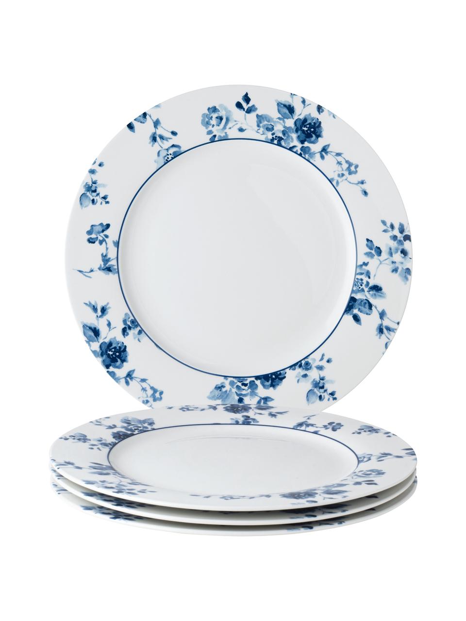 Platos llanos estampados Candy Rose, 4 uds., Porcelana fina (Fine Bone China), Blanco, azul, Ø 26