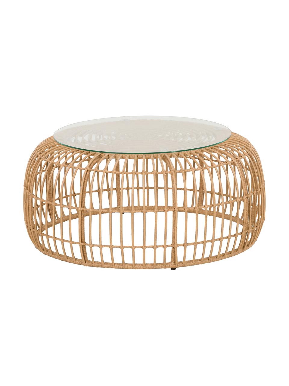 Ronde salontafel Costa met glazen tafelblad, Tafelblad: glas, Frame: polyethyleen-vlechtwerk, Lichtbruin, Ø 85 cm