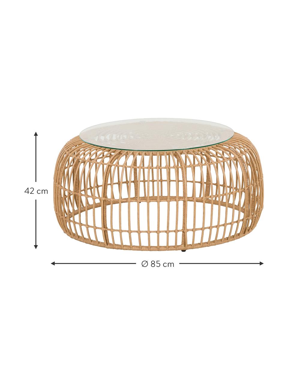 Mesa de centro redonda Costa, con tablero de vidrio, Tablero: vidrio, Estructura: trenzado de polietireno, Marrón claro, Ø 85 x Al 42 cm