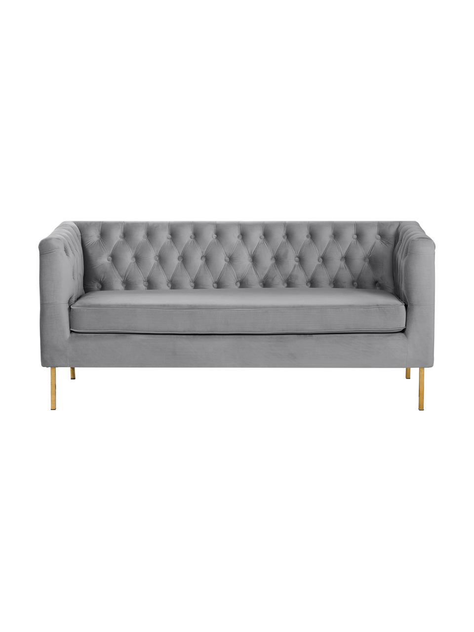 Sofa Chesterfield z aksamitu Chiara (2-osobowa), Tapicerka: aksamit (poliester) Dzięk, Stelaż: lite drewno brzozowe, Nogi: metal galwanizowany, Aksamitny szary, S 170 x G 72 cm