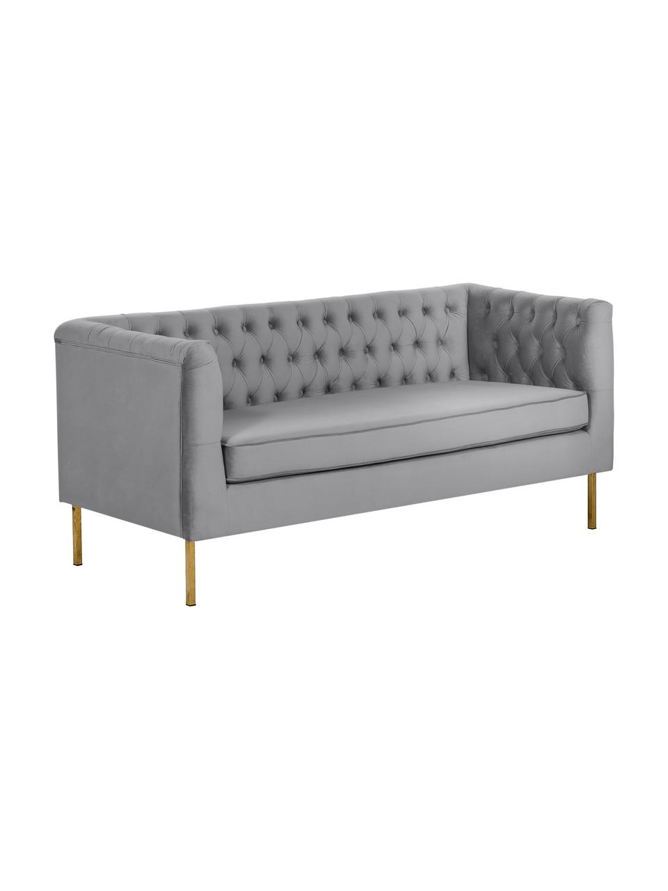 Sofa Chesterfield z aksamitu Chiara (2-osobowa), Tapicerka: aksamit (poliester) Dzięk, Stelaż: lite drewno brzozowe, Nogi: metal galwanizowany, Aksamitny szary, S 170 x G 72 cm