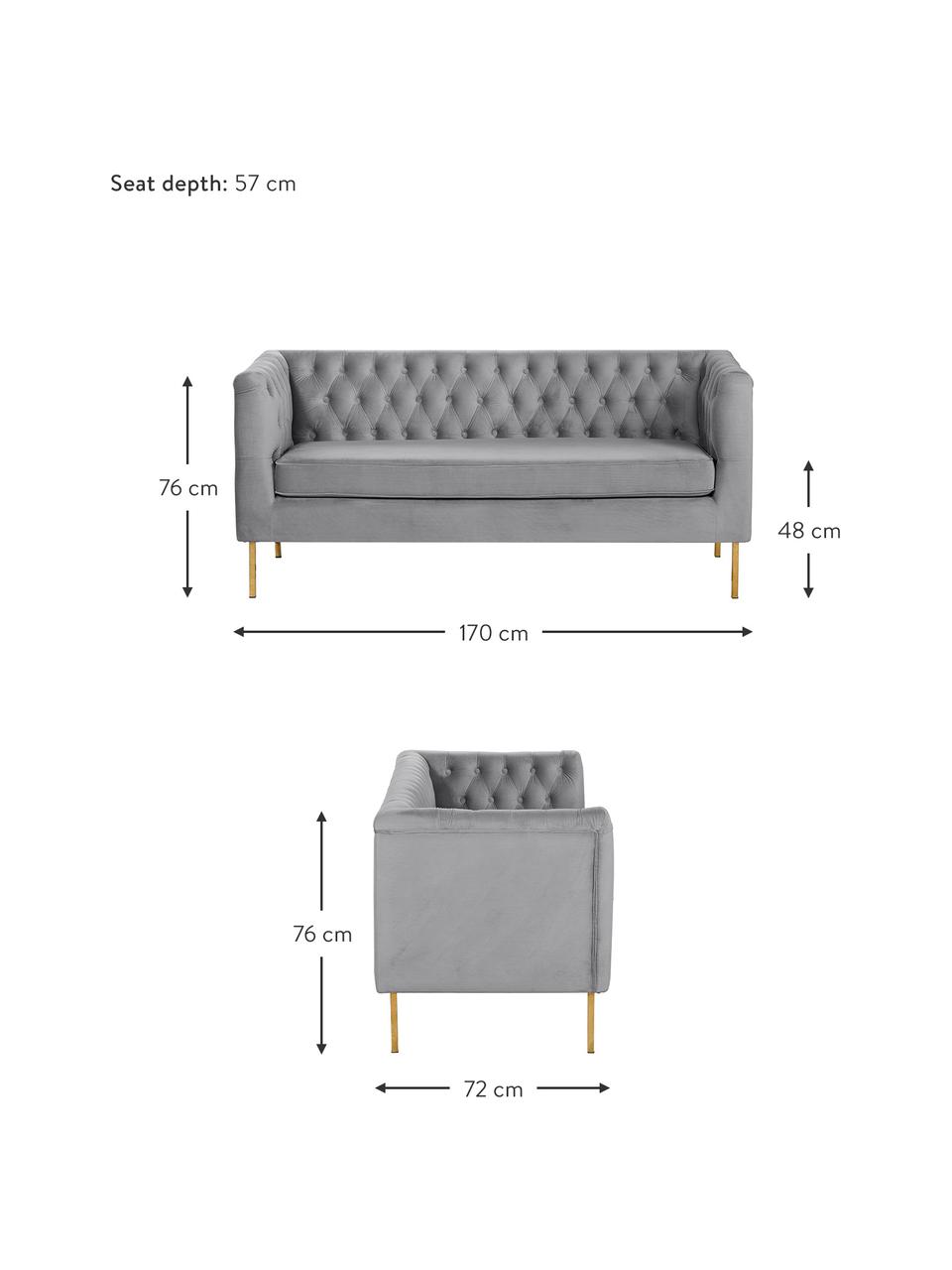 Divano Chesterfield 2 posti in velluto grigio Chiara, Rivestimento: velluto (poliestere) Il r, Struttura: legno di betulla massicci, Piedini: metallo zincato, Velluto grigio, Larg. 170 x Prof. 72 cm