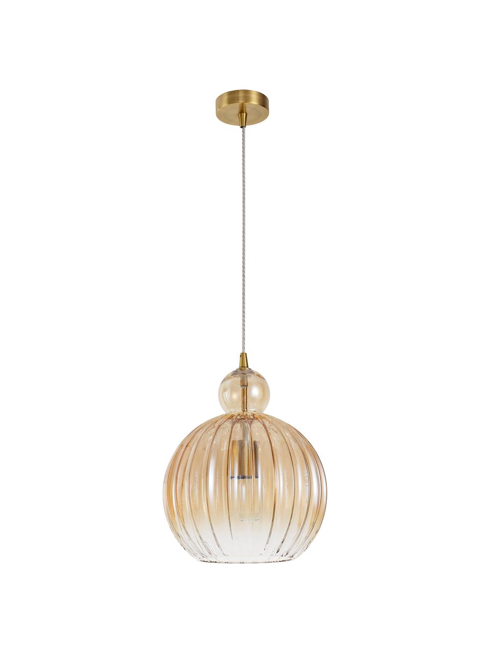 Kleine hanglamp Odell van getint glas, Lampenkap: glas, Baldakijn: metaal, Messingkleurig, amberkleurig, Ø 28 x H 36 cm