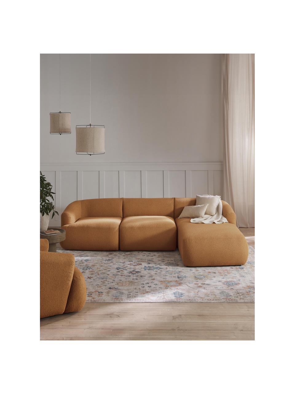 Modulares Bouclé-Ecksofa Sofia (3-Sitzer), Bezug: Bouclé (100 % Polyester) , Gestell: Fichtenholz, Spanplatte, , Bouclé Hellbraun, B 277 x T 185 cm, Eckteil rechts