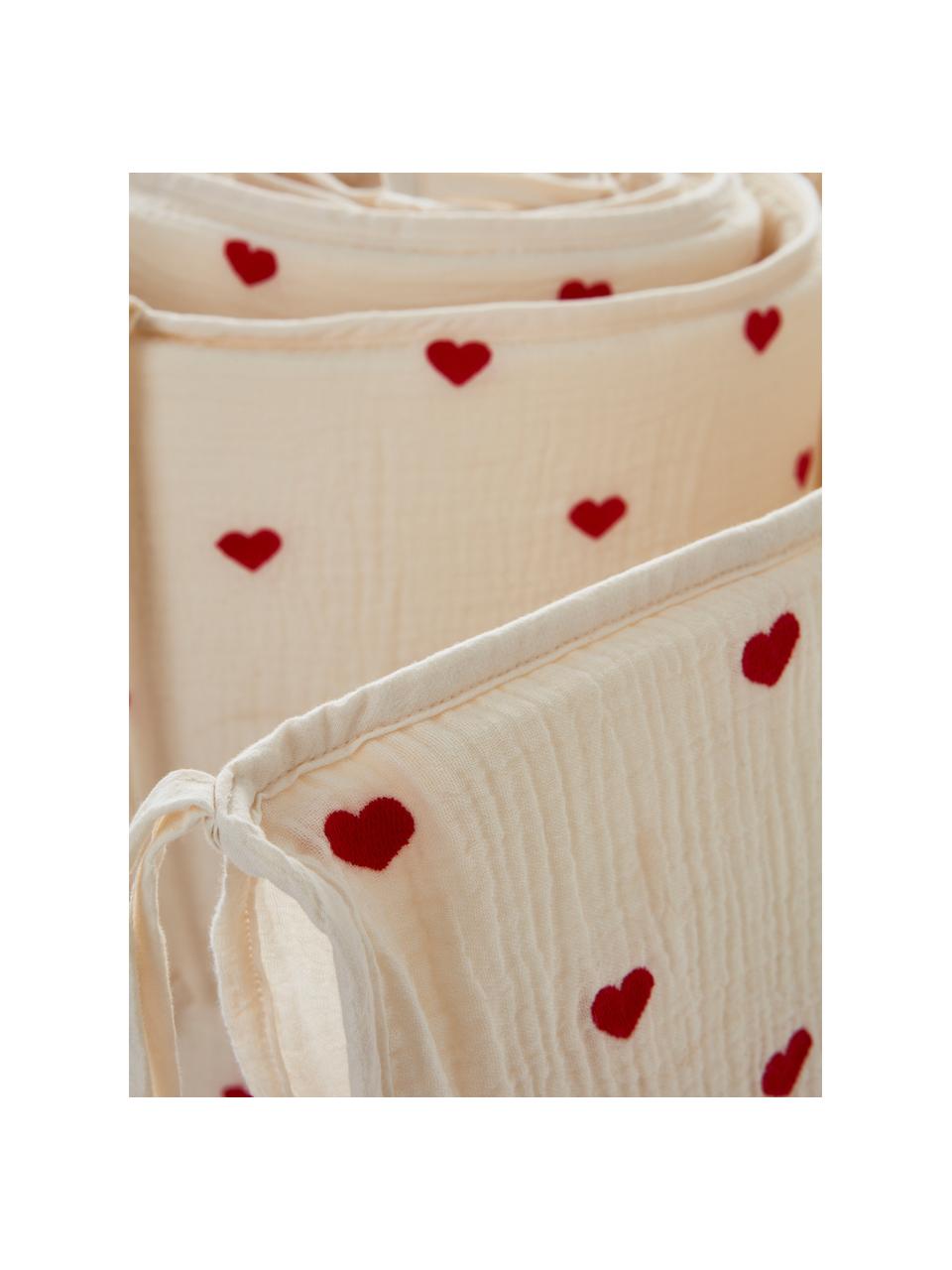 Mušelínový okraj postieľky Hearts Mini, Krémovobiela, červená, Š 30 x D 360 cm