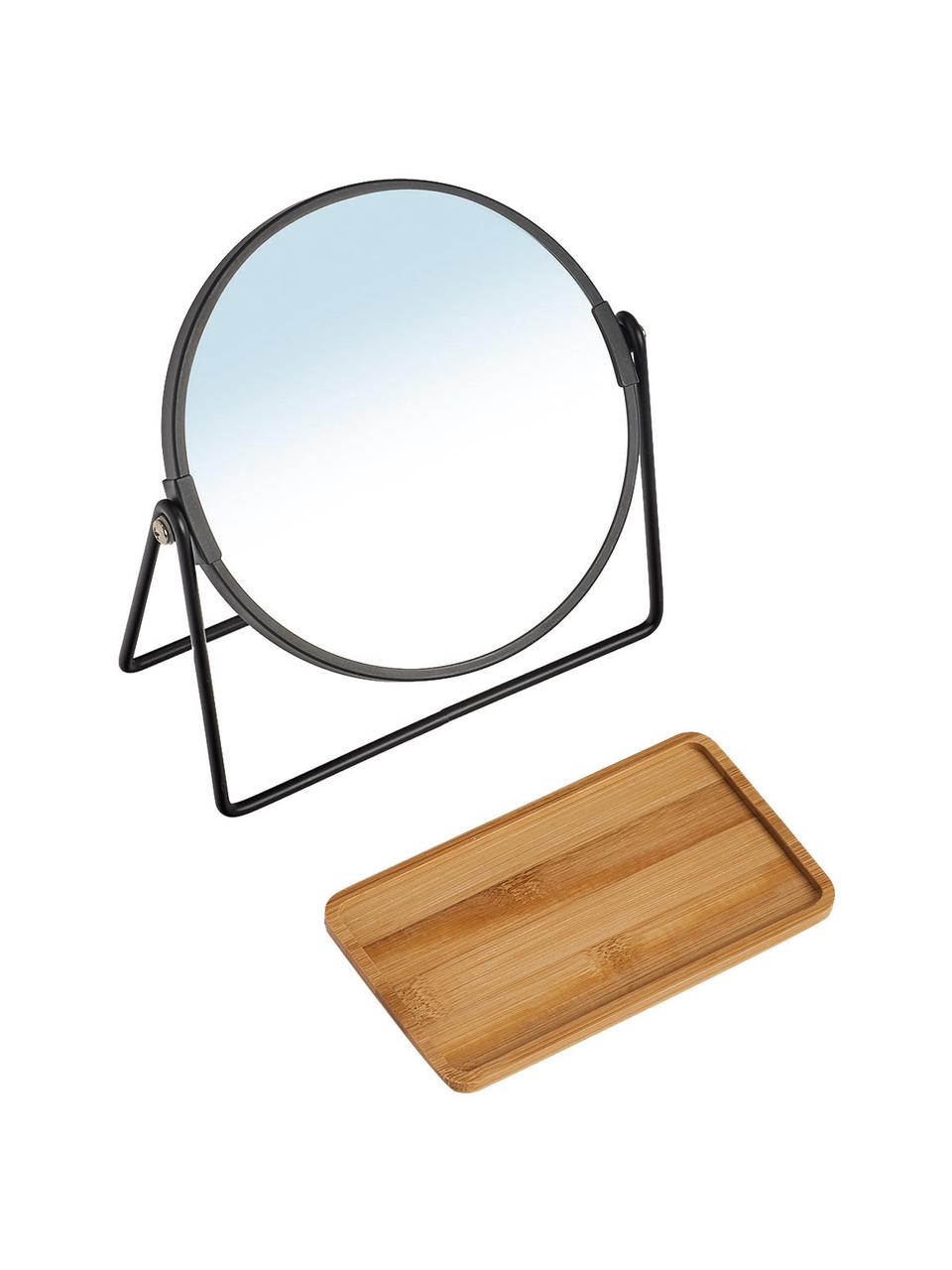 Runder Kosmetikspiegel Nora mit Ablagefläche und Vergrößerung, Gestell: Metall, beschichtet, Ablagefläche: Bambus, Spiegelfläche: Spiegelglas, Schwarz, Hellbraun, Ø 18 x H 21 cm