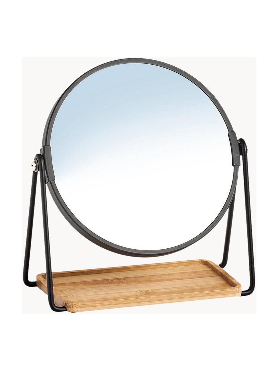 Runder Kosmetikspiegel Nora mit Ablagefläche und Vergrößerung, Gestell: Metall, beschichtet, Ablagefläche: Bambus, Spiegelfläche: Spiegelglas, Schwarz, Hellbraun, Ø 18 x H 21 cm