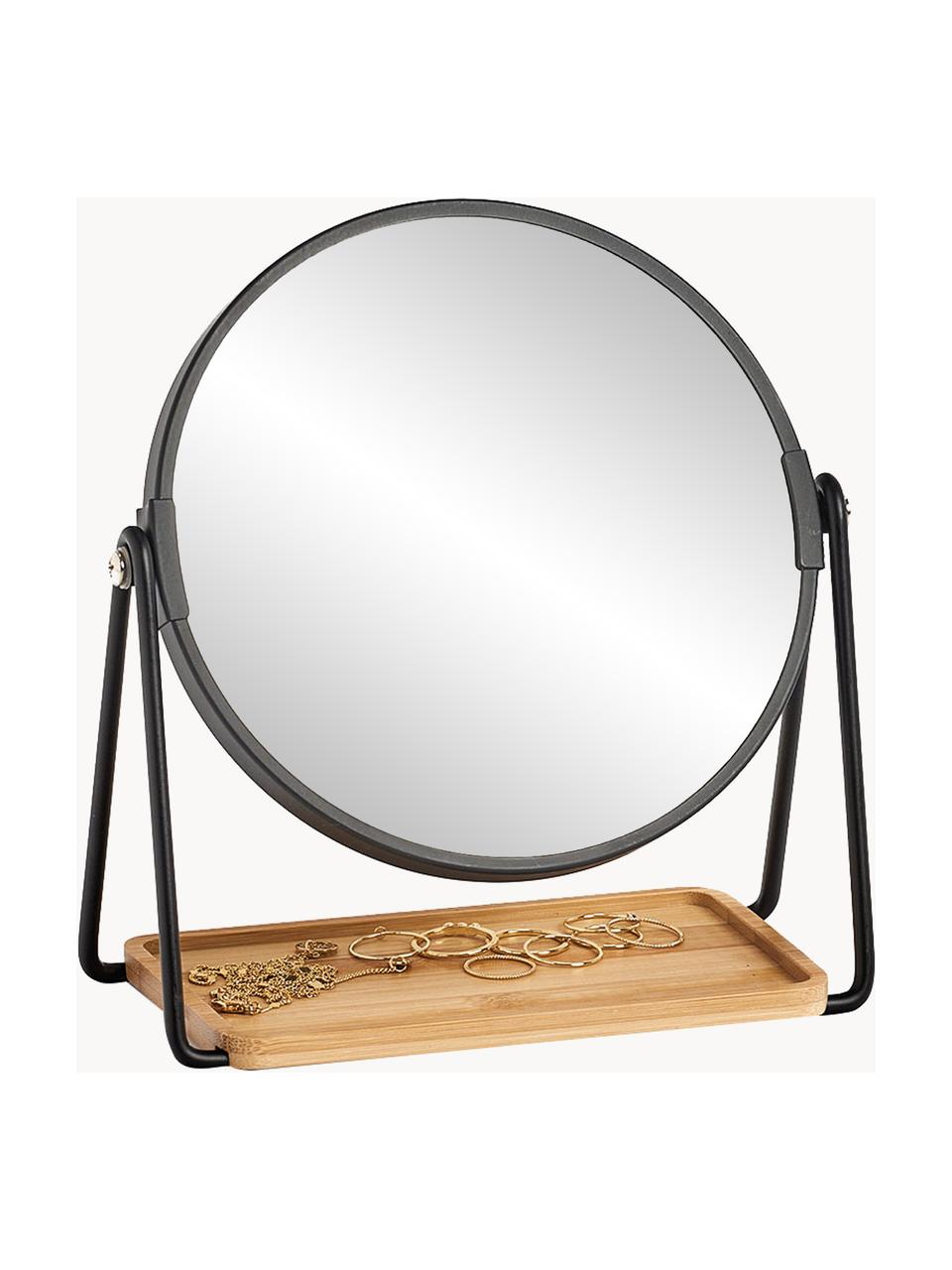 Ronde make-up spiegel Nora vergroting, Lijst: gecoat metaal, Plank: bamboe, Zwart, lichtbruin, Ø 18 x H 21 cm
