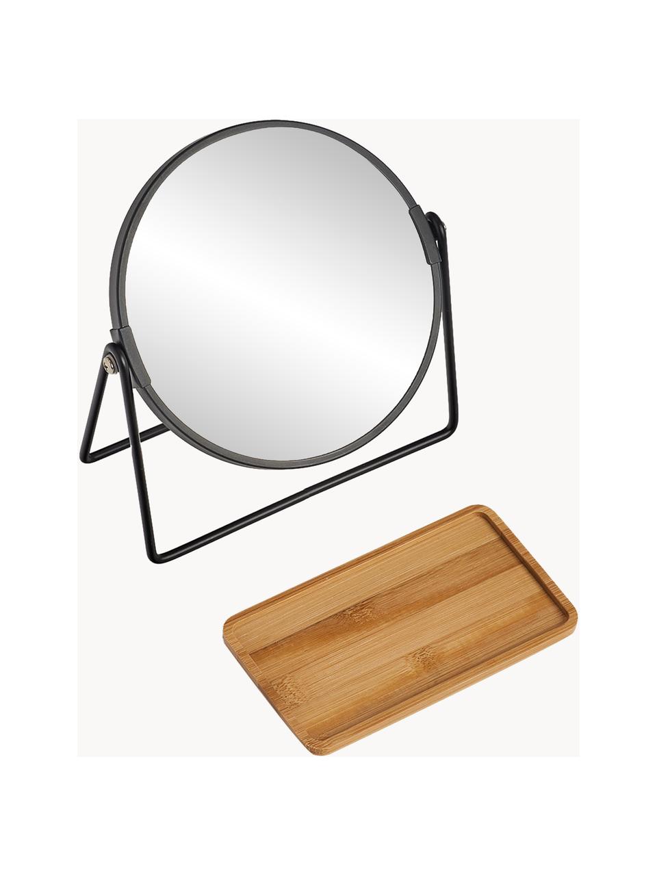 Ronde make-up spiegel Nora vergroting, Lijst: gecoat metaal, Plank: bamboe, Zwart, lichtbruin, Ø 18 x H 21 cm