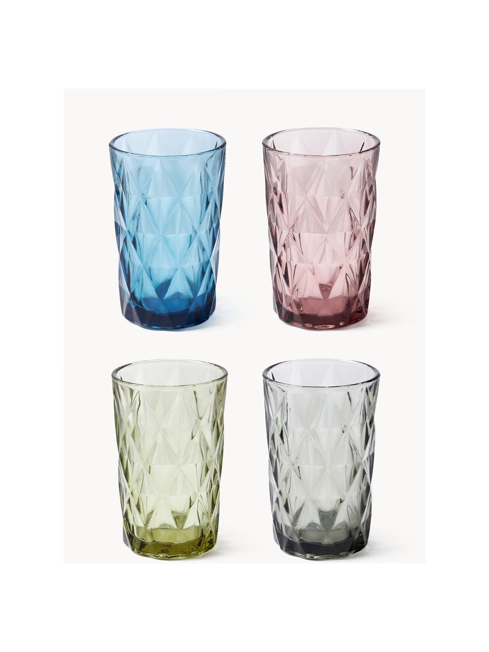 Vasos altos con relieves Colorado, 4 uds., Azul, malva, gris, verde, Ø 8 x Al 13 cm, 310 ml