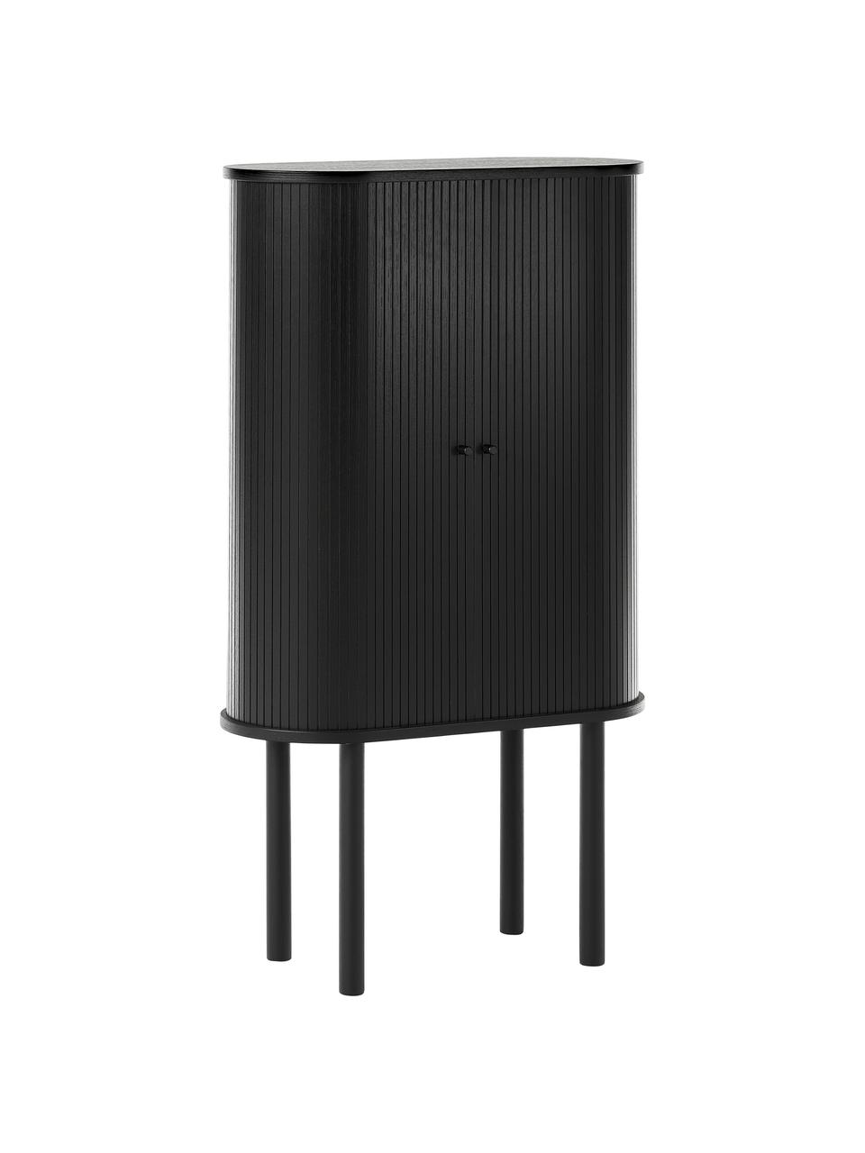 Credenza alta con frontale scanalato Calary, Gambe: legno massiccio di querci, Maniglie: metallo spazzolato, Nero, Larg. 75 x Alt. 130 cm