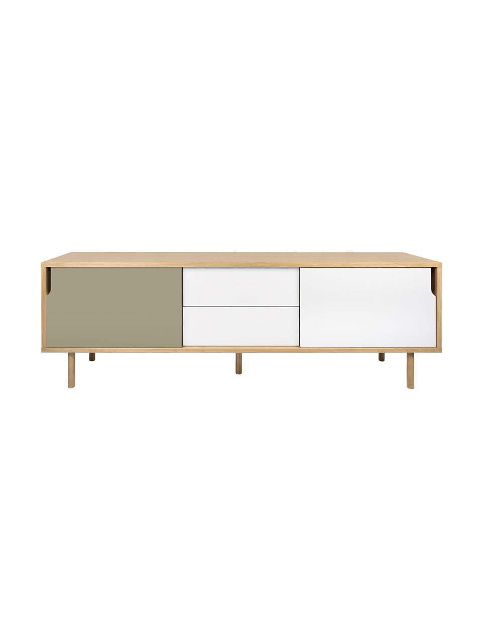 Credenza con ante scorrevoli  Danny, Superficie: con finitura in legno di , Gambe: legno di quercia, massicc, Legno di quercia, bianco, grigio, opaco, Larg. 201 x Alt. 65 cm