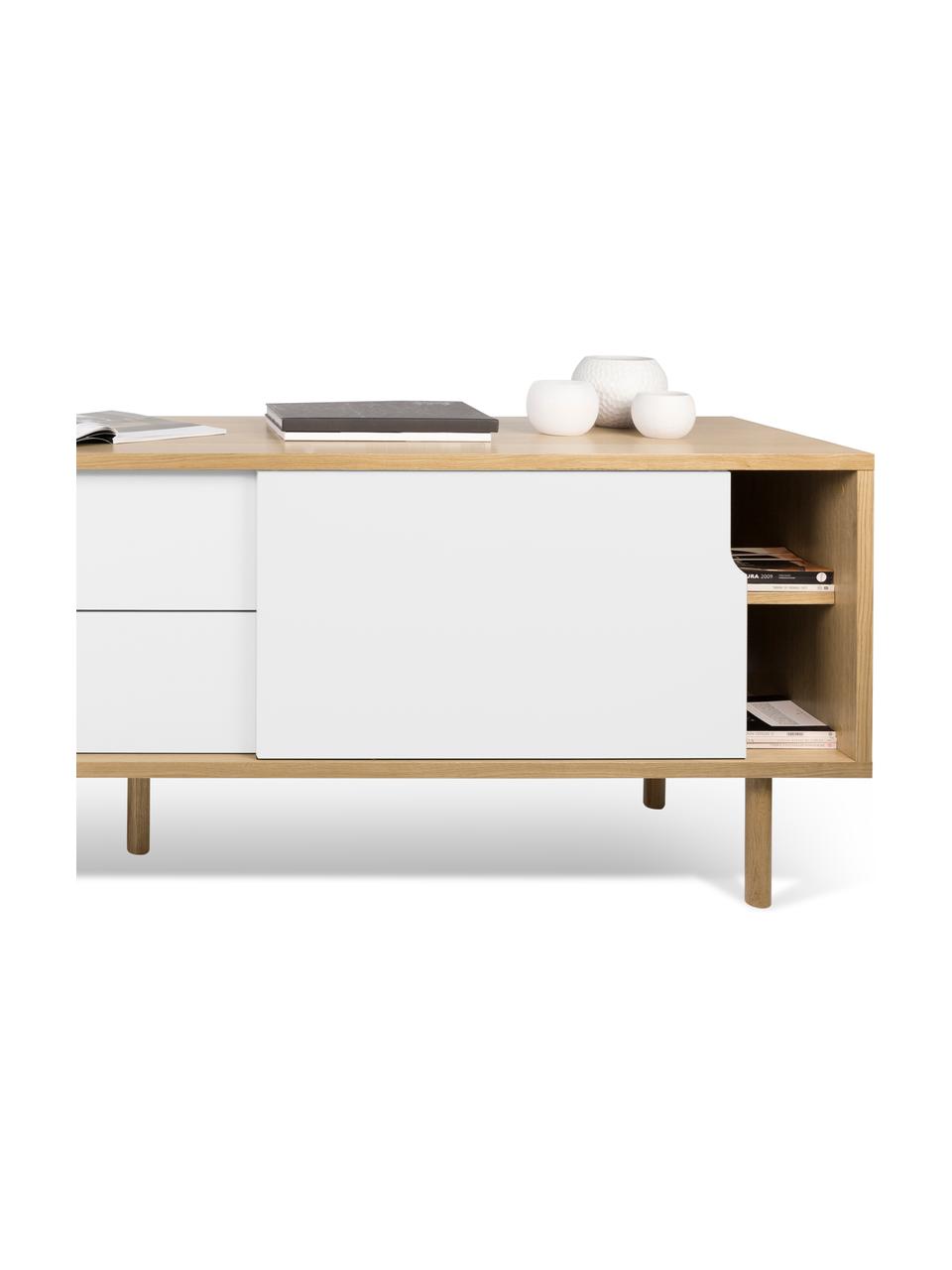 Credenza con ante scorrevoli  Danny, Superficie: con finitura in legno di , Gambe: legno di quercia, massicc, Legno di quercia, bianco, grigio, opaco, Larg. 201 x Alt. 65 cm