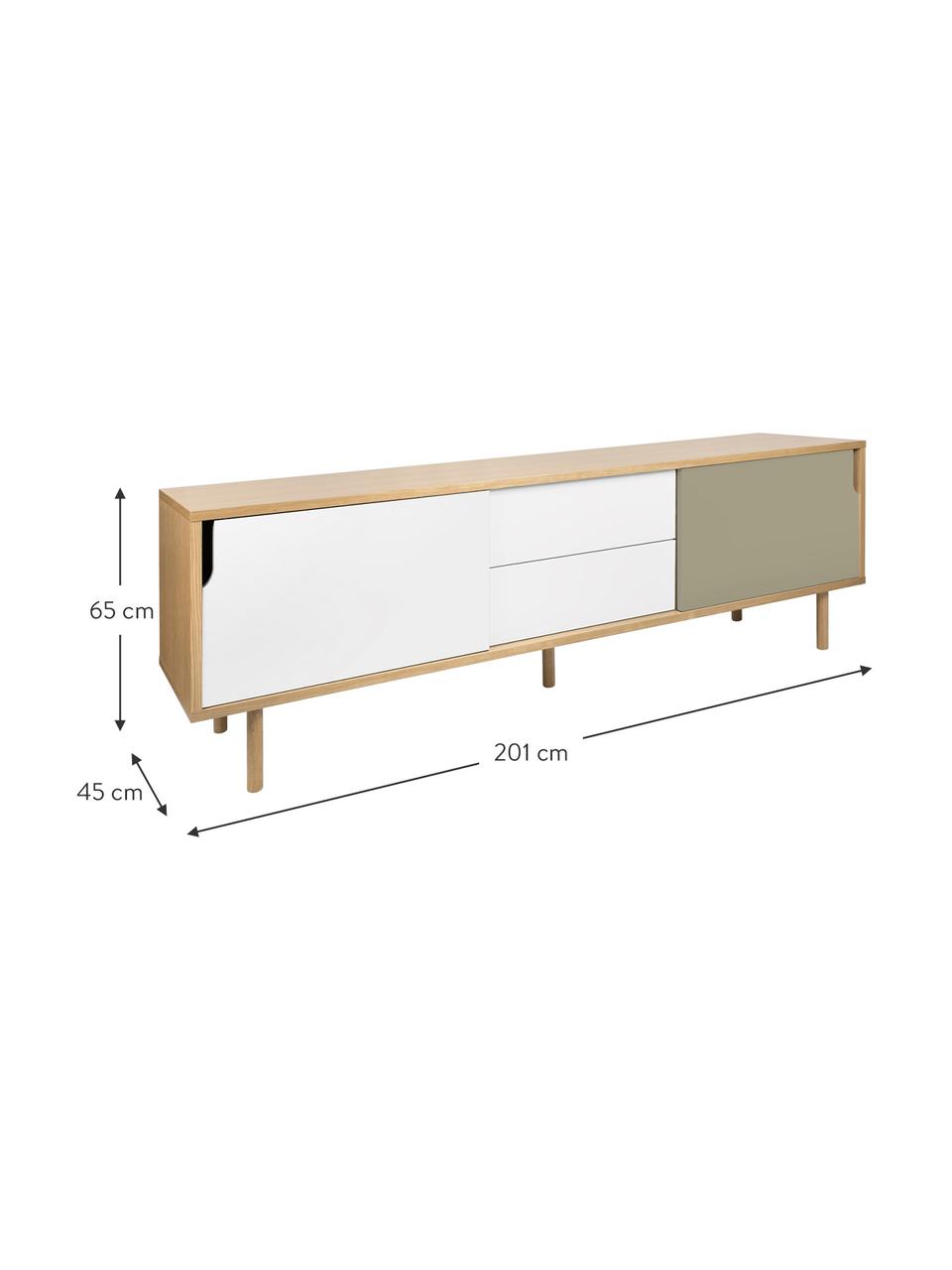 Credenza con ante scorrevoli  Danny, Superficie: con finitura in legno di , Gambe: legno di quercia, massicc, Legno di quercia, bianco, grigio, opaco, Larg. 201 x Alt. 65 cm