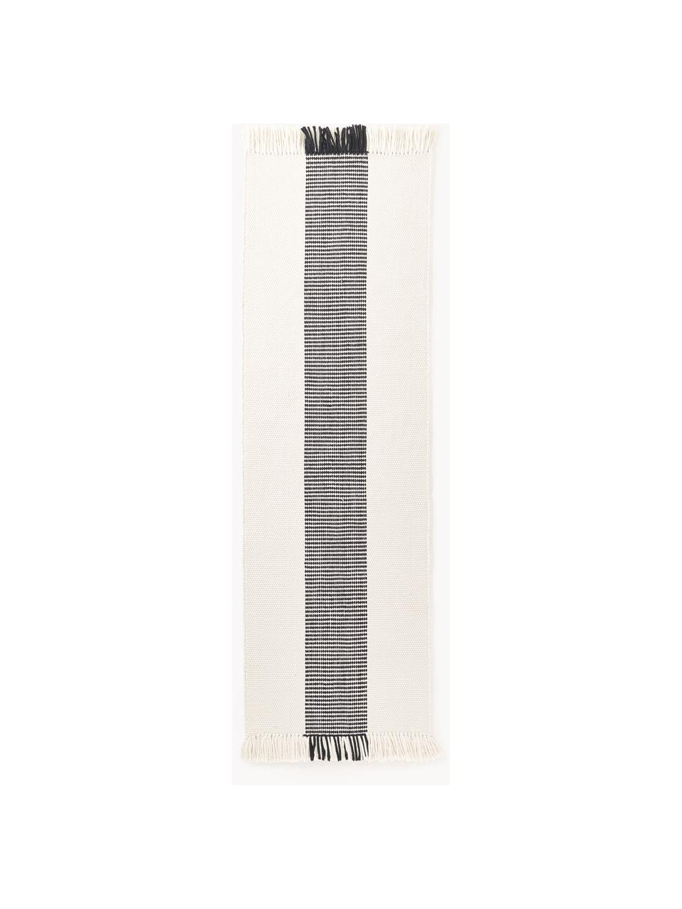 Tapis à poils courts tufté main avec franges Kami, 100 % polyester, certifié GRS, Blanc cassé, noir, larg. 80 x long. 250 cm
