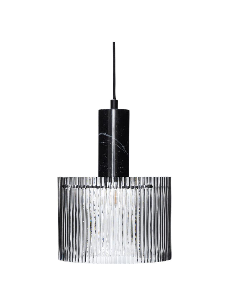 Hanglamp Revolve met geribbeld oppervlak, Lampenkap: glas, Fitting: marmer, Baldakijn: gecoat metaal, Transparant, zwart, gemarmerd, Ø 25 x H 30 cm