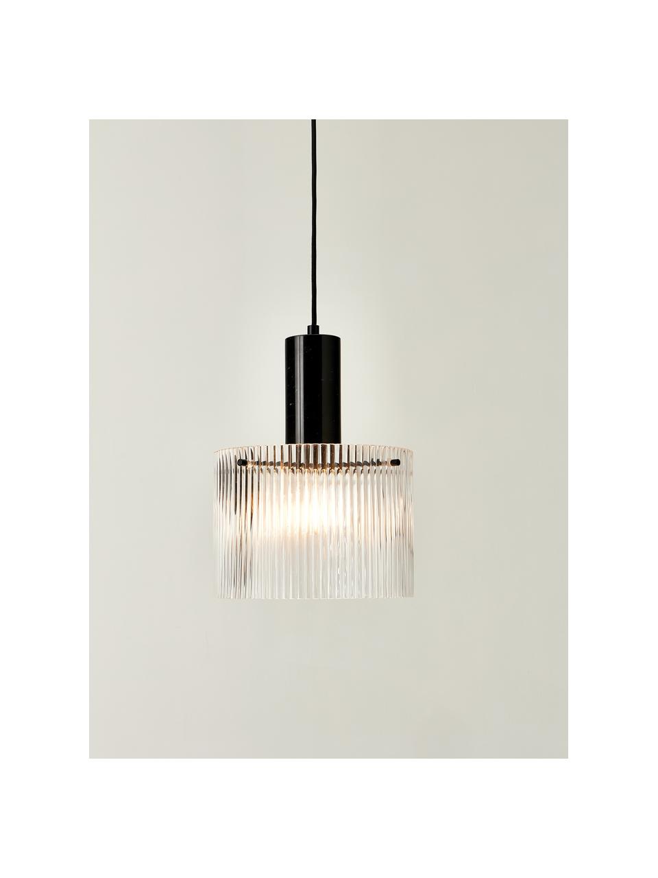 Hanglamp Revolve met geribbeld oppervlak, Lampenkap: glas, Fitting: marmer, Transparant, zwart, gemarmerd, Ø 25 x H 30 cm