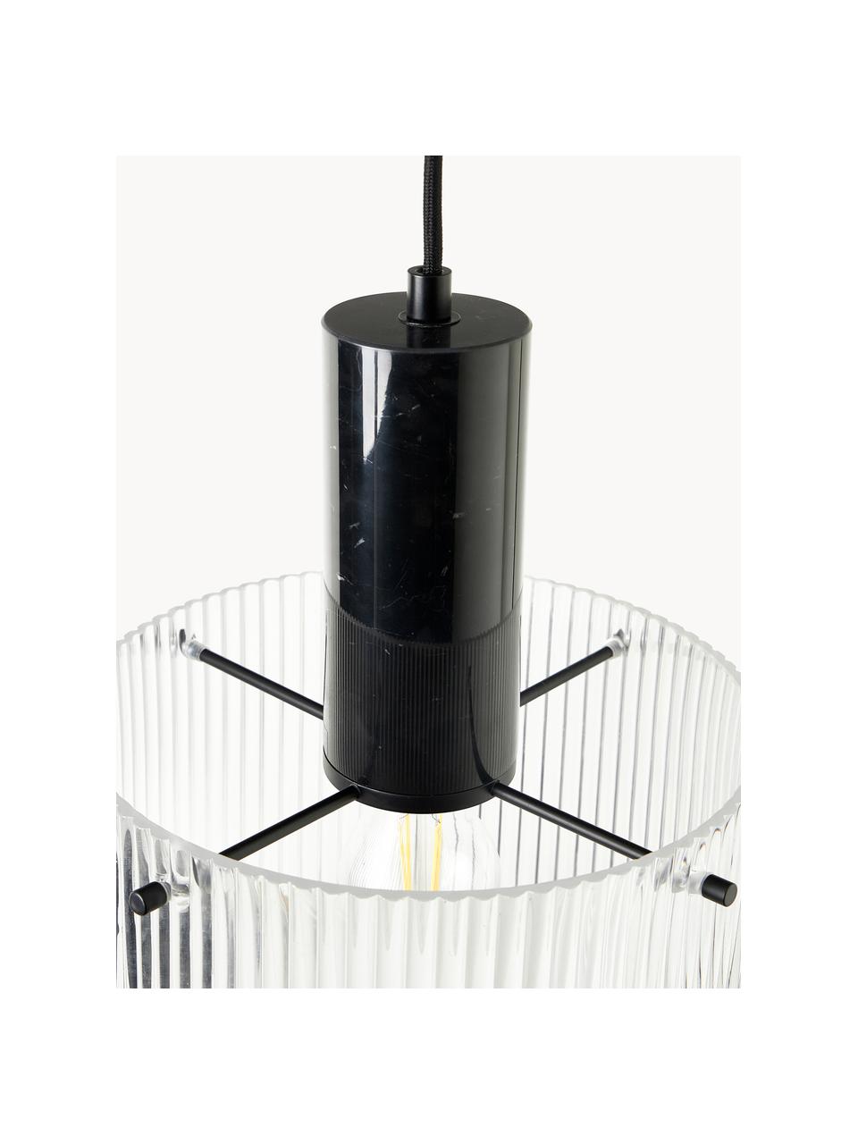 Hanglamp Revolve met geribbeld oppervlak, Lampenkap: glas, Fitting: marmer, Transparant, zwart, gemarmerd, Ø 25 x H 30 cm