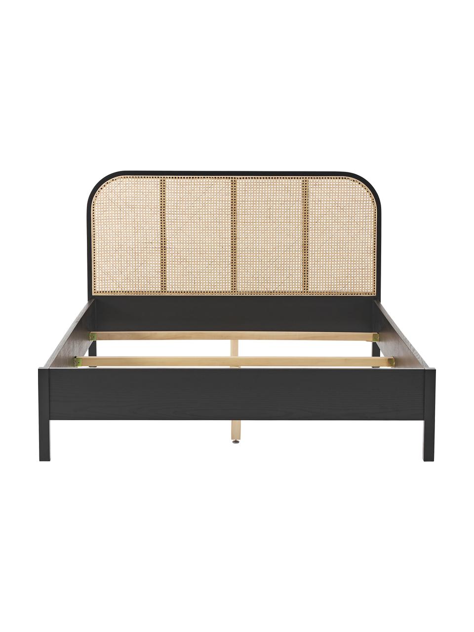 Letto in legno con testiera in vimini Jones, Struttura: compensato con impiallacc, Piedini: massello di frassino, Nero, Larg. 140 x Lung. 200 cm