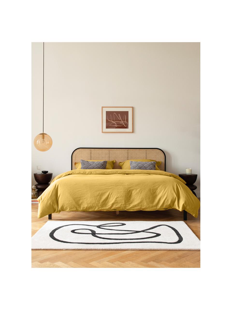 Lit en bois avec tête de lit en cannage Jones, Noir, 140 x 200 cm