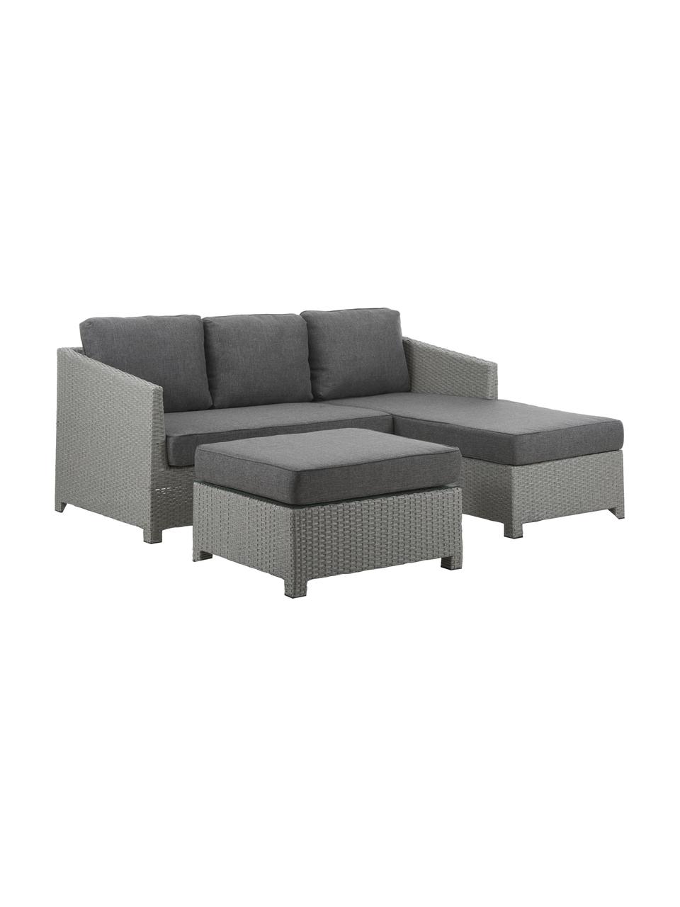 Loungeset Conmay, 3-delig, Frame: aluminium, kunstrotan, Bekleding: Olefin, Tafelblad: glas, Frame: grijs. Bekleding: donkergrijs. Tafelblad: transparant, Set met verschillende formaten