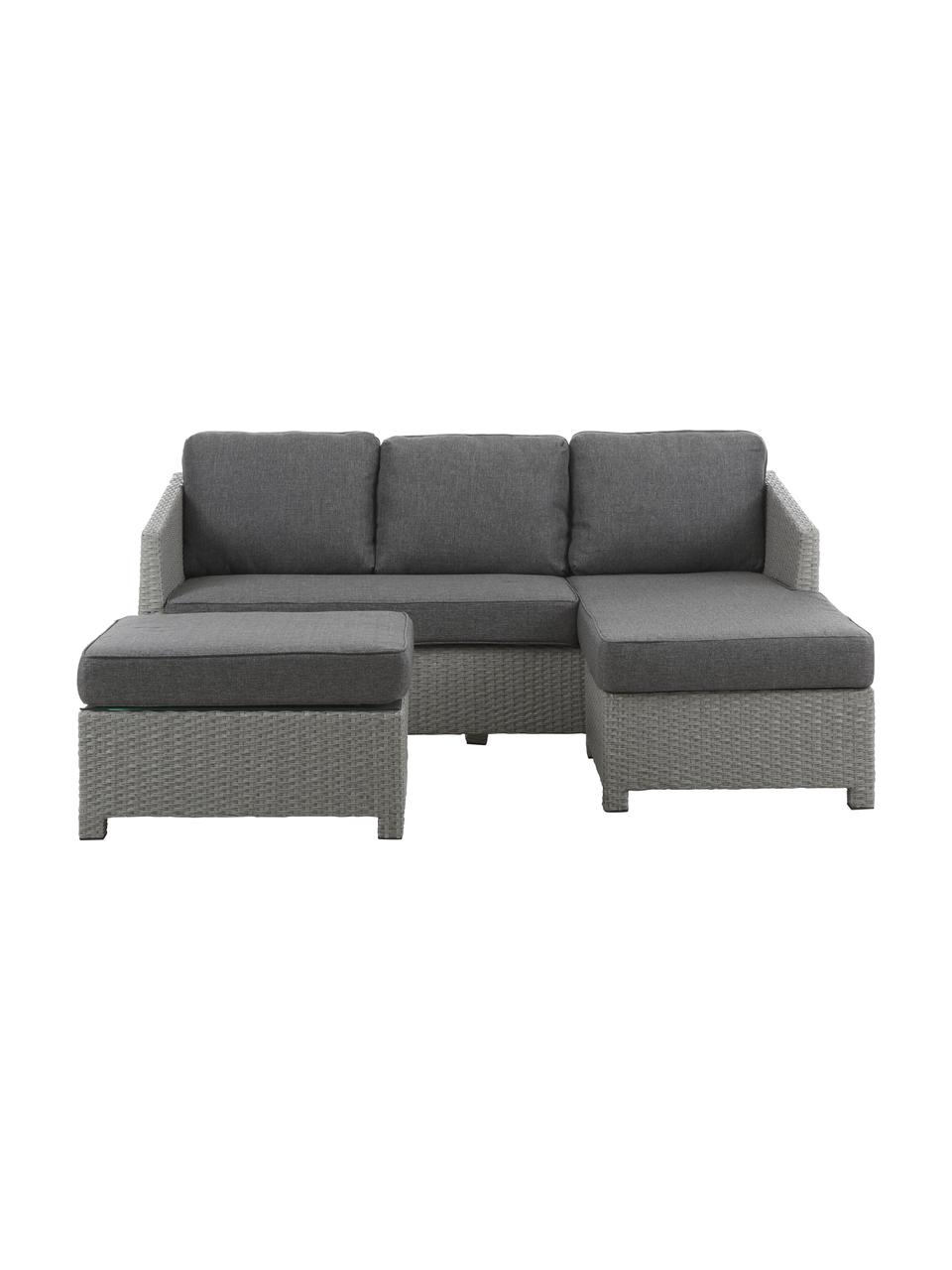 Loungeset Conmay, 3-delig, Frame: aluminium, kunstrotan, Bekleding: Olefin, Tafelblad: glas, Frame: grijs. Bekleding: donkergrijs. Tafelblad: transparant, Set met verschillende formaten