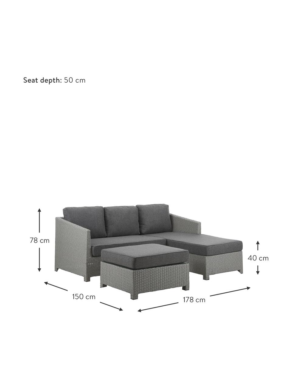 Komplet mebli ogrodowych Conmay, 3 elem., Stelaż: aluminium, rattan syntety, Tapicerka: olefina, Blat: szkło, Stelaż: szary Tapicerka: ciemny szary Blat: transparentny, Komplet z różnymi rozmiarami