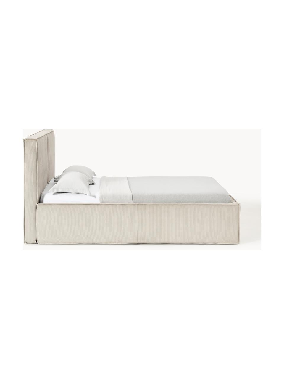 Cama tapizada de pana con espacio de almacenaje Dream, Tapizado: pana (92% poliéster, 8% p, Cuerpo: madera de abeto, aglomera, Patas: madera de abedul Este pro, Pana beige claro, An 140 x L 200 cm