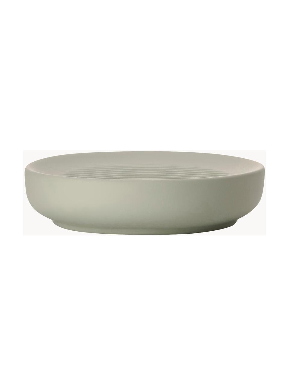 Portasapone in gres con superficie soft-touch Ume, Terracotta rivestita con superficie soft-touch (plastica), Verde salvia, Ø 12 x Alt. 3 cm