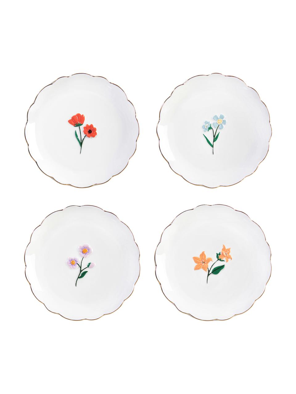 Assiette à dessert blanche à décor floral Wildflower, 4 élém., Dolomie, Multicolore, Ø 17 cm