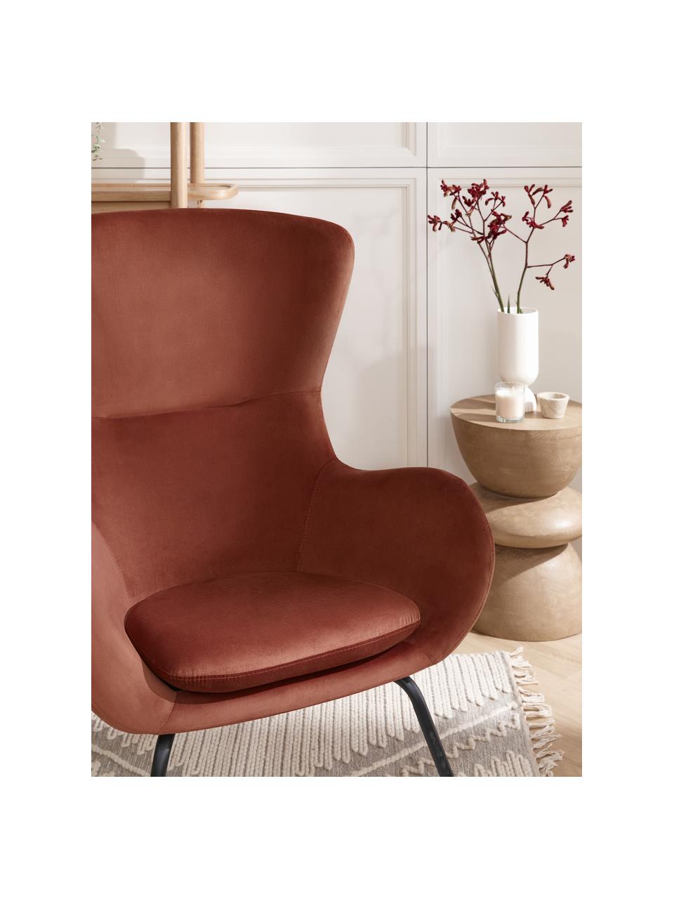 Fluwelen fauteuil Wing in bruin met metalen poten, Frame: metaal, verzinkt, Fluweel bruin, B 75 x H 85 cm