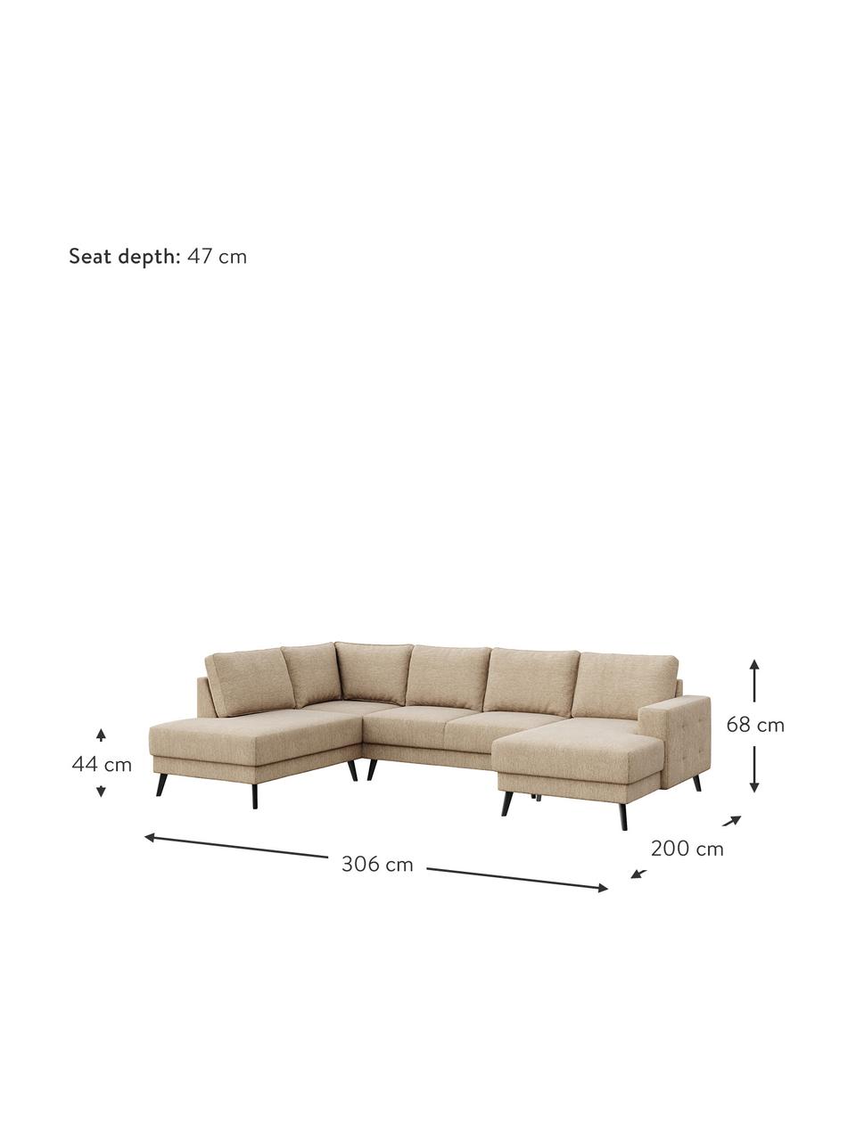 Sofá rinconera grande de terciopelo Fynn (5 plazas), Tapizado: 100% terciopelo de poliés, Asiento: muelles ondulados, espuma, Estructura: madera dura, madera bland, Patas: madera pintada, Tejido beige, An 306 x F 200 cm, chaise longue izquierda