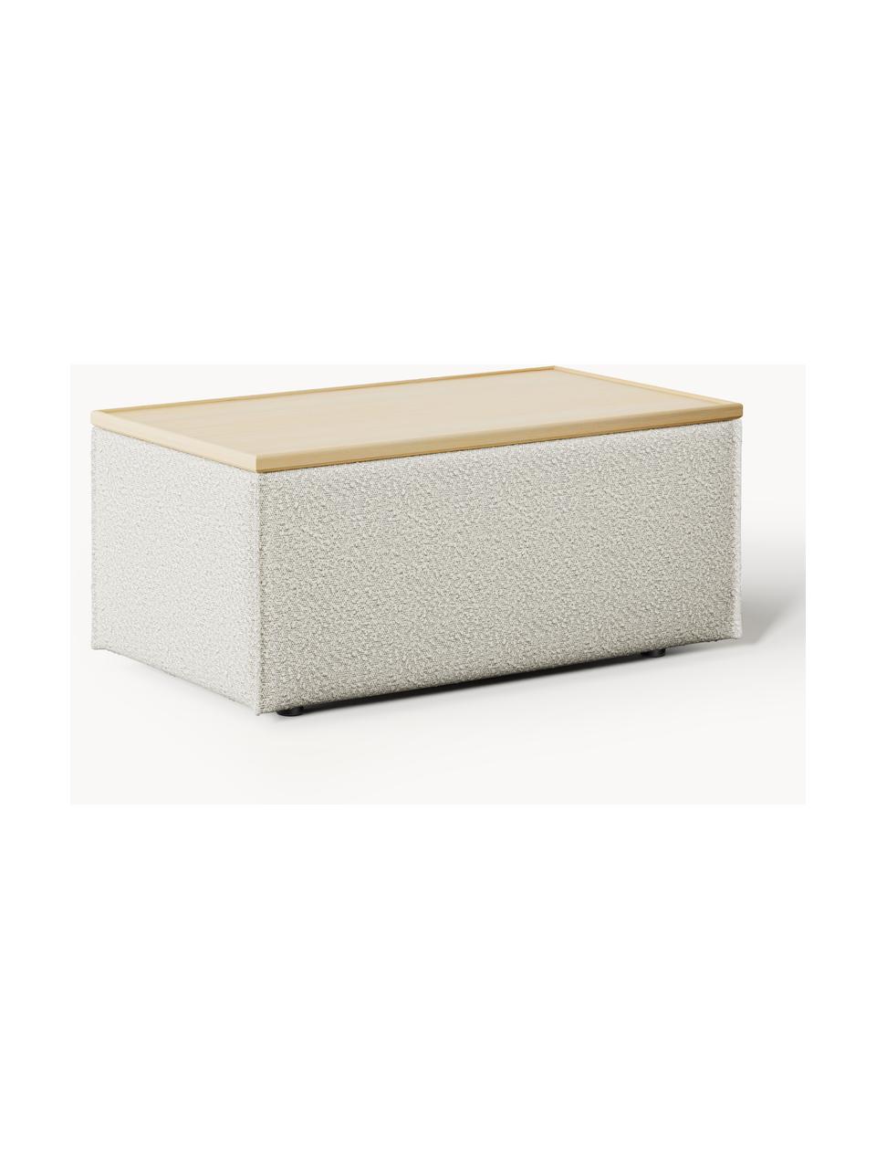 Sofa-Hocker Lennon aus Bouclé mit Stauraum, Bezug: Bouclé (80 % Polyester, 2, Tablett: Eichenholz, Spannplatte m, Gestell: Spanplatte, mitteldichte , Bouclé Off White, helles Eichenholz, B 88 x T 50 cm