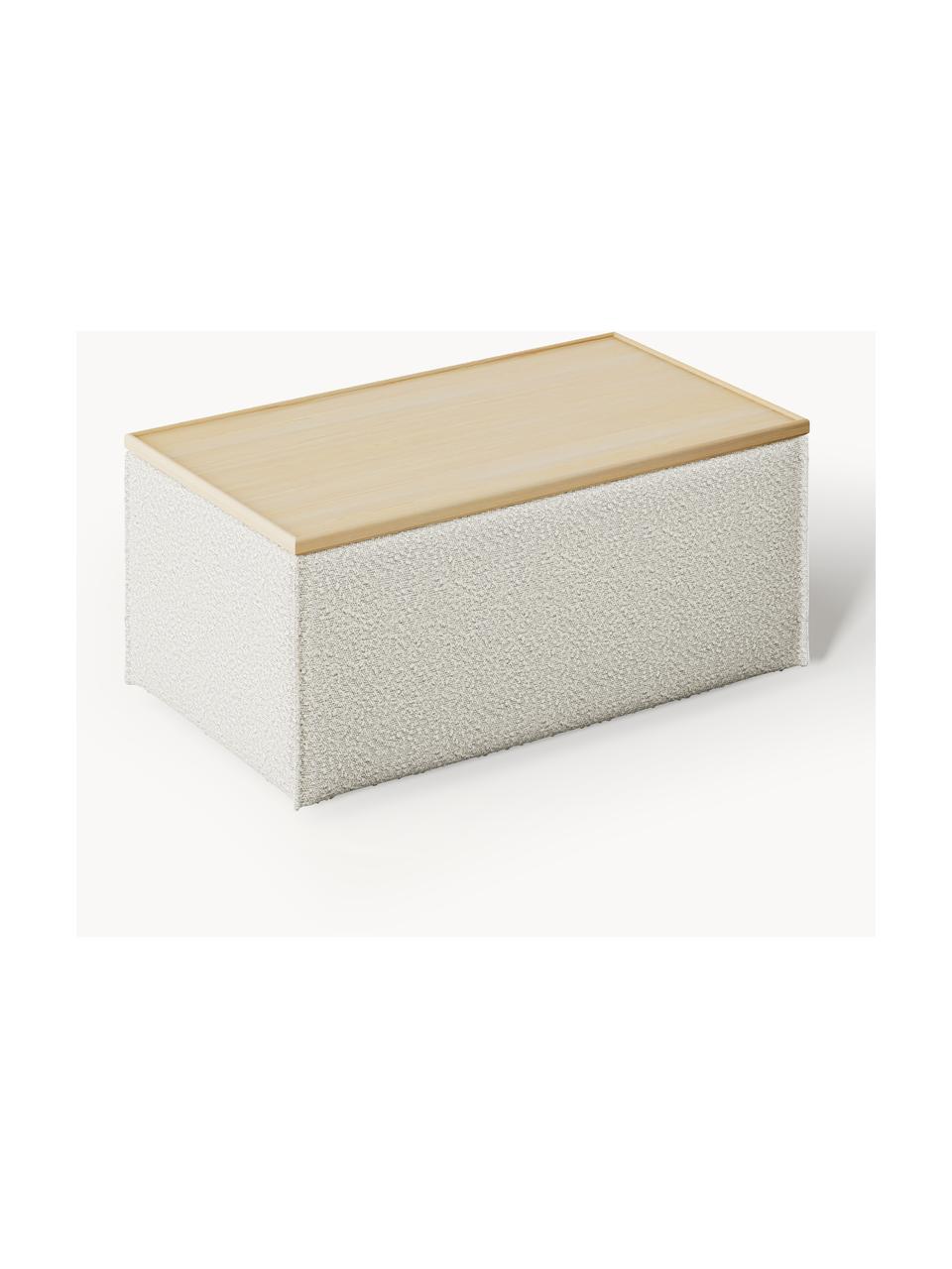 Sofa-Hocker Lennon aus Bouclé mit Stauraum, Bezug: Bouclé (80 % Polyester, 2, Tablett: Eichenholz, Spannplatte m, Gestell: Spanplatte, mitteldichte , Bouclé Off White, helles Eichenholz, B 88 x T 50 cm