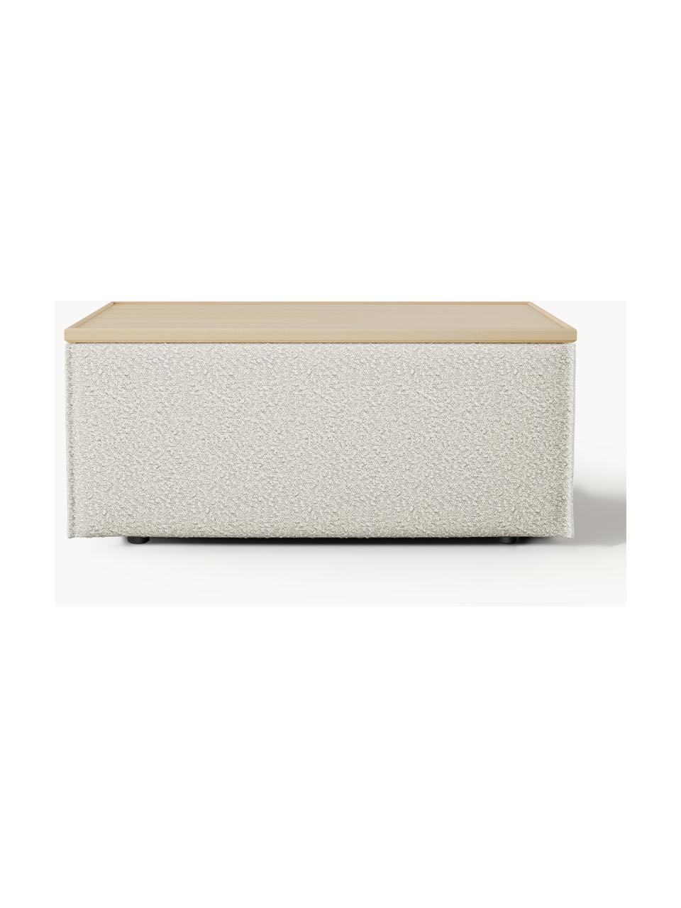 Sofa-Hocker Lennon aus Bouclé mit Stauraum, Bezug: Bouclé (80 % Polyester, 2, Tablett: Eichenholz, Spannplatte m, Gestell: Spanplatte, mitteldichte , Füße: Kunststoff Dieses Produkt, Bouclé Off White, helles Eichenholz, B 88 x T 50 cm