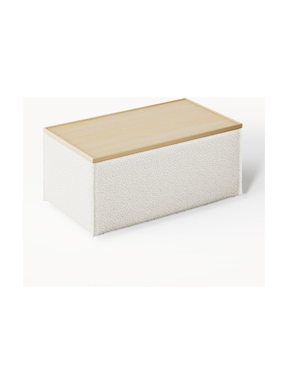 Sofa-Hocker Lennon aus Bouclé mit Stauraum, Bezug: Bouclé (80 % Polyester, 2, Tablett: Eichenholz, Spannplatte m, Gestell: Spanplatte, mitteldichte , Füße: Kunststoff Dieses Produkt, Bouclé Off White, helles Eichenholz, B 88 x T 50 cm