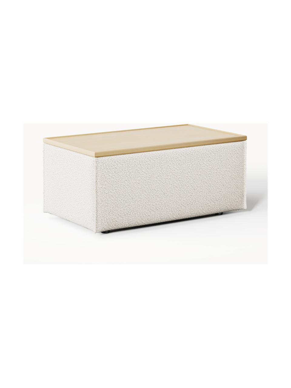 Sofa-Hocker Lennon aus Bouclé mit Stauraum, Bezug: Bouclé (80 % Polyester, 2, Tablett: Eichenholz, Spannplatte m, Gestell: Spanplatte, mitteldichte , Füße: Kunststoff Dieses Produkt, Bouclé Off White, helles Eichenholz, B 88 x T 50 cm