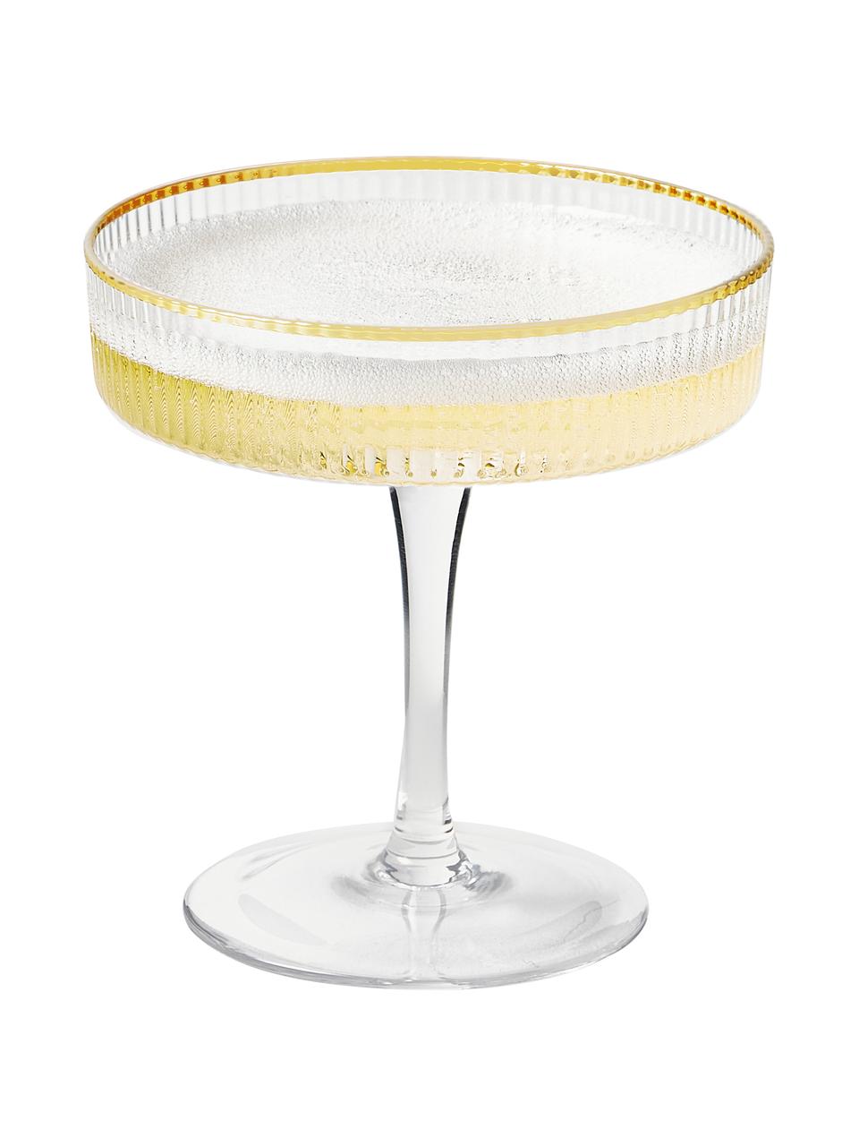 Handgemaakte champagneglazen Minna met groefreliëf en goudkleurige rand, 4 stuks, Mondgeblazen glas, Transparant, goudkleurig, Ø 11 x H 11 cm