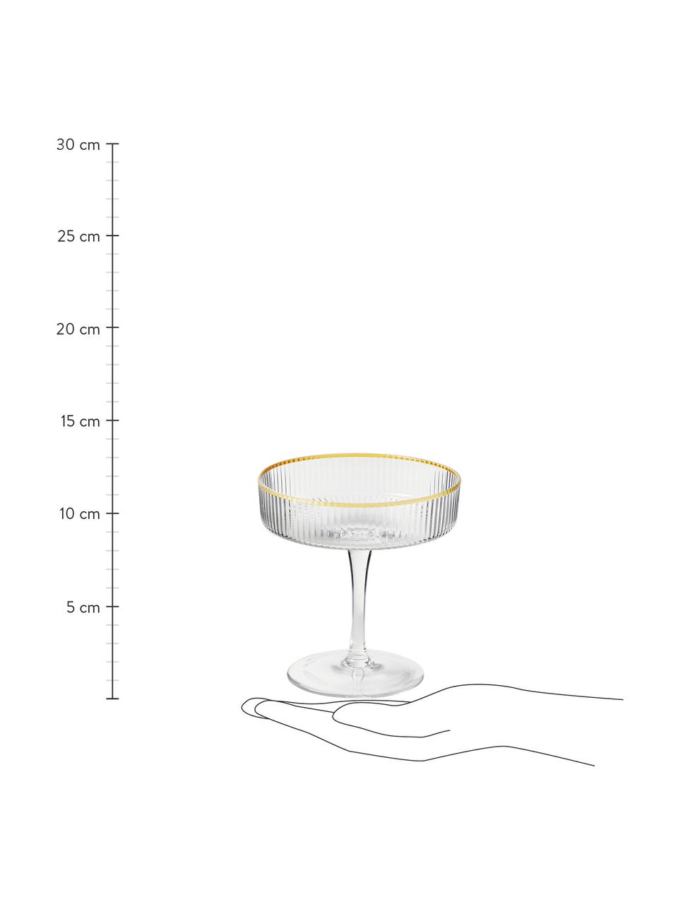 Handgefertigte Champagnerschalen Minna mit Rillenrelief und Goldrand, 4 Stück, Glas, mundgeblasen, Transparent, Goldfarben, Ø 11 x H 11 cm