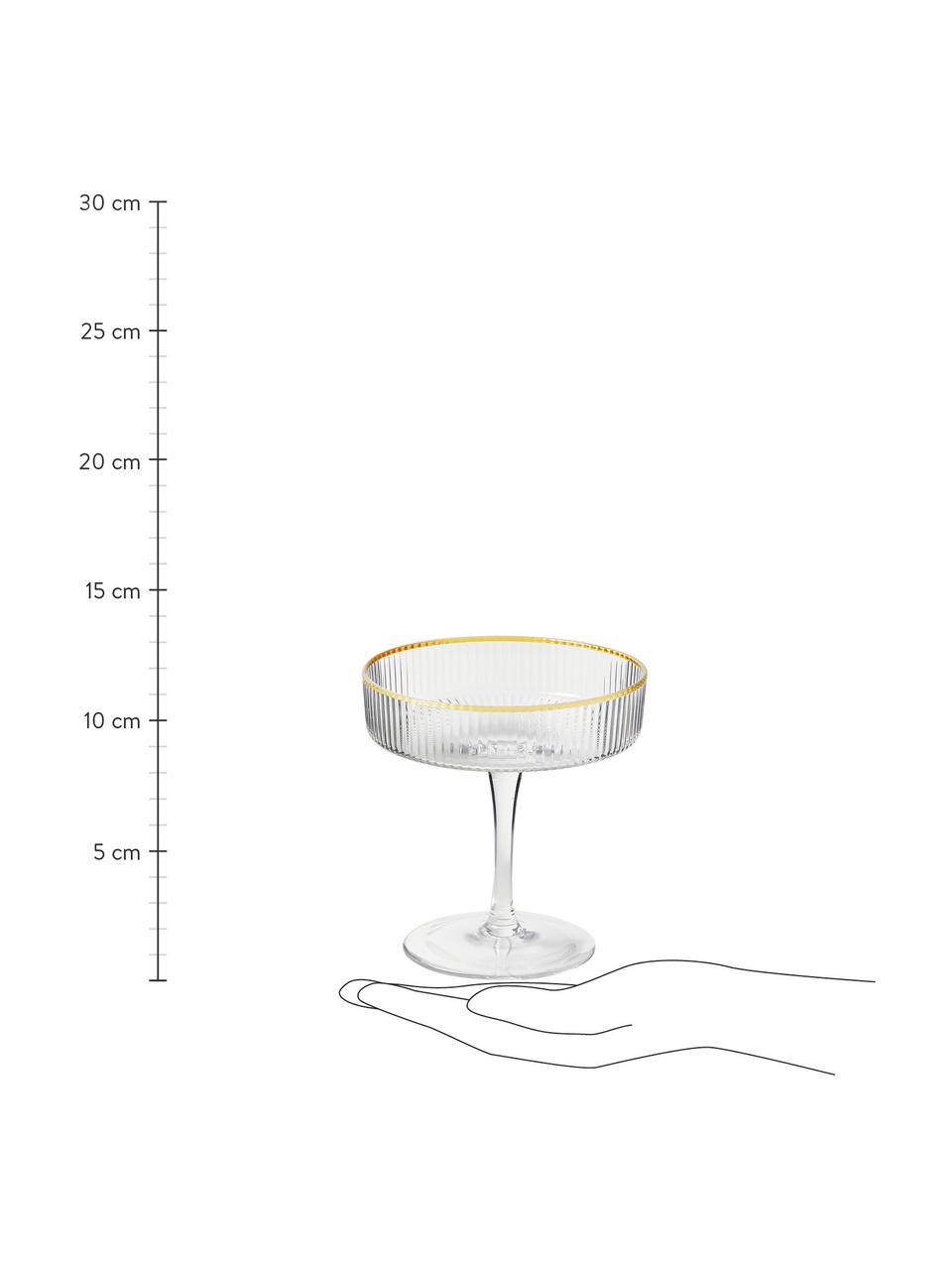 Ručně vyrobené sklenice na šampaňské s rýhovaným reliéfem a zlatým okrajem Minna, 4 ks, Foukané sklo, Transparentní, zlatá, Ø 11 cm, V 11 cm