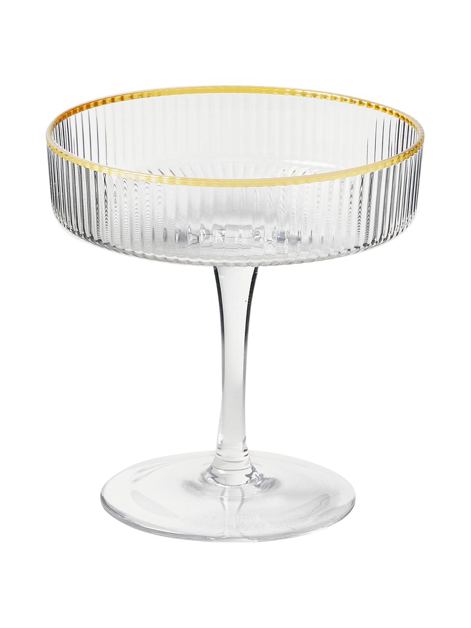 Copas pompadour de champán artesanales con relieve Minna, 4 uds., Vidrio soplado artesanalmente, Transparente, dorado, Ø 11 x Al 11 cm