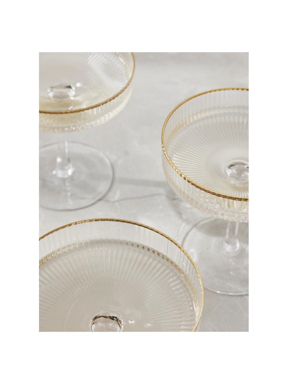 Coupe à champagne à relief rainuré et bord doré Minna, 4 pièces, Verre, soufflé bouche, Transparent, couleur dorée, Ø 11 x haut. 11 cm