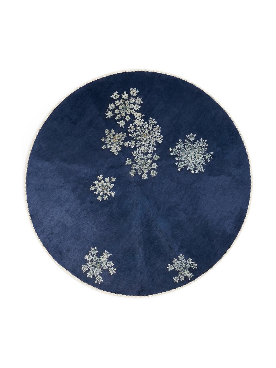 Rond vloerkleed Lauren met bloemenprint, 60% polyester, 30% thermoplastisch polyurethaan, 10% katoen, Blauw, beige, Ø 90 cm (maat XS)