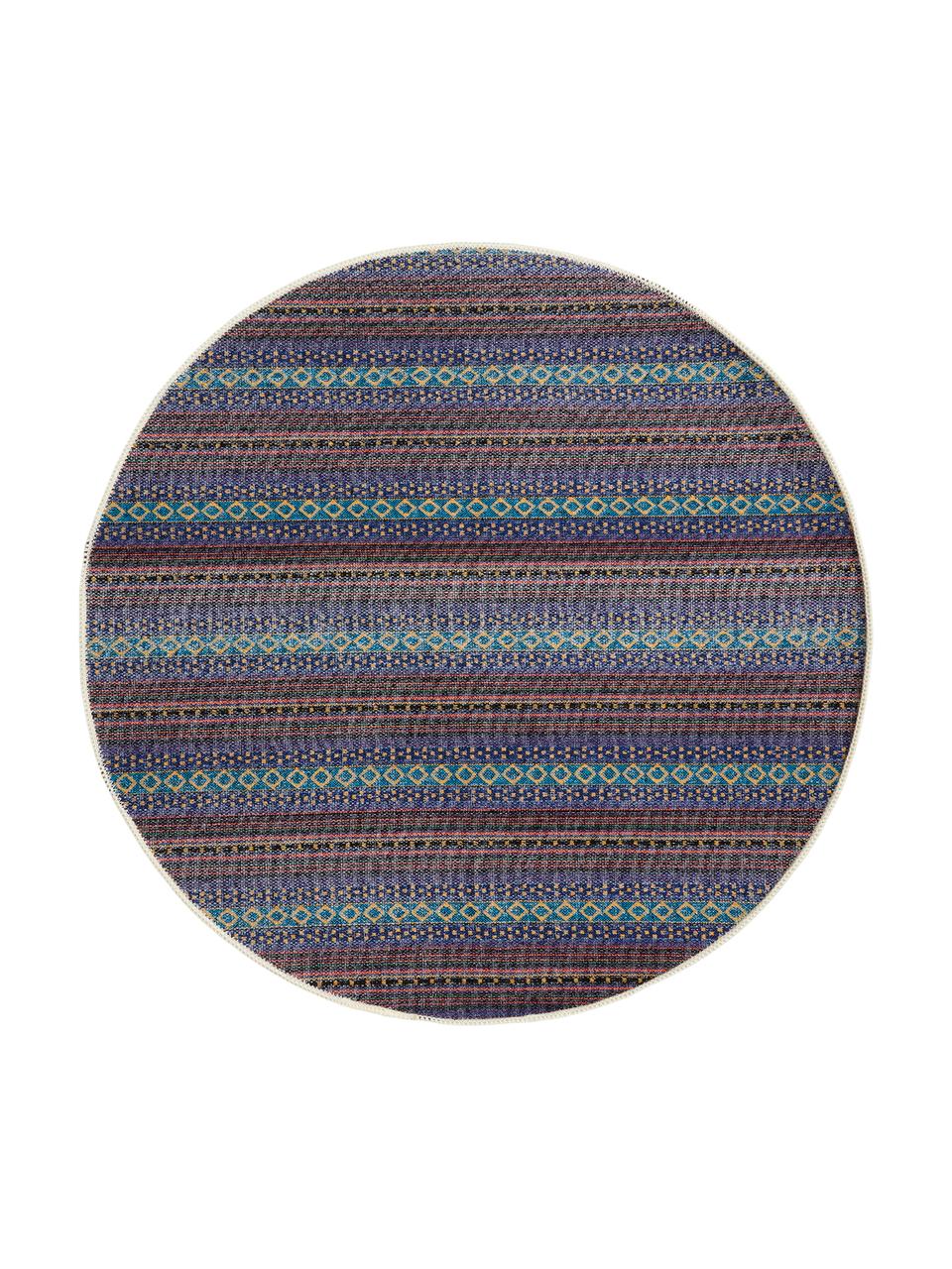 Rond vloerkleed Lauren met bloemenprint, 60% polyester, 30% thermoplastisch polyurethaan, 10% katoen, Blauw, beige, Ø 90 cm (maat XS)