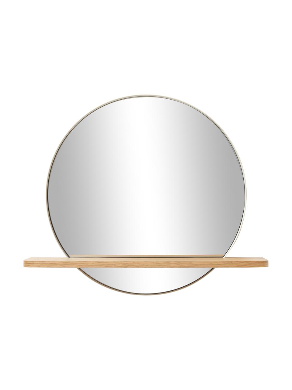 Kulaté nástěnné zrcadlo s dřevěnou poličkou a béžovým kovovým rámem Kenny, Béžová, dřevo, Š 70 cm, V 60 cm