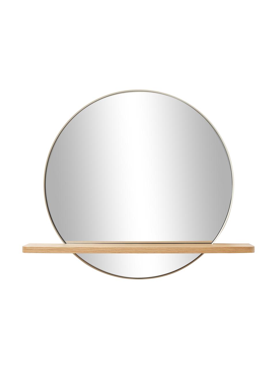 Specchio da parete rotondo con mensola in legno Aaron, Ripiano: pannello di fibra a media, Struttura: metallo, rivestito, Superficie dello specchio: vetro a specchio, Beige, legno, Larg. 70 x Alt. 60 cm