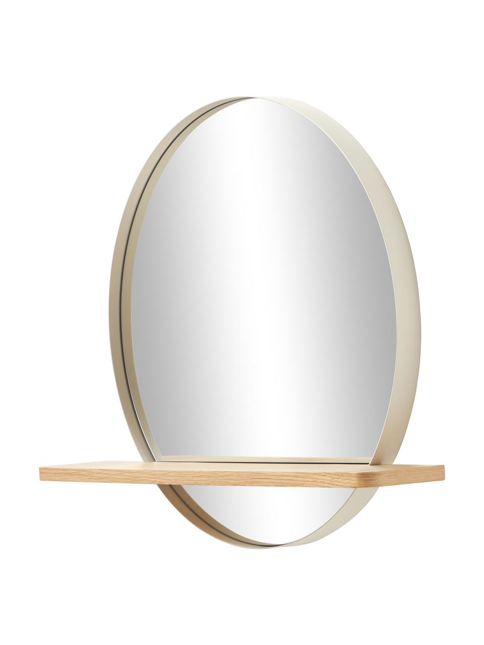 Okrągłe lustro ścienne z metalową ramą z półką Kenny, Beżowy, fornir z drewna dębowego, S 70 x W 60 cm