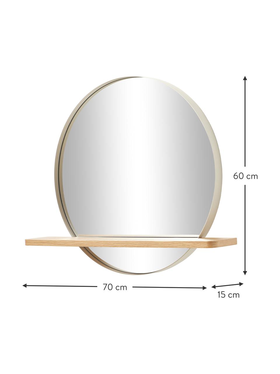 Kulaté nástěnné zrcadlo s dřevěnou poličkou a béžovým kovovým rámem Kenny, Béžová, dubová dýha, Š 70 cm, V 60 cm