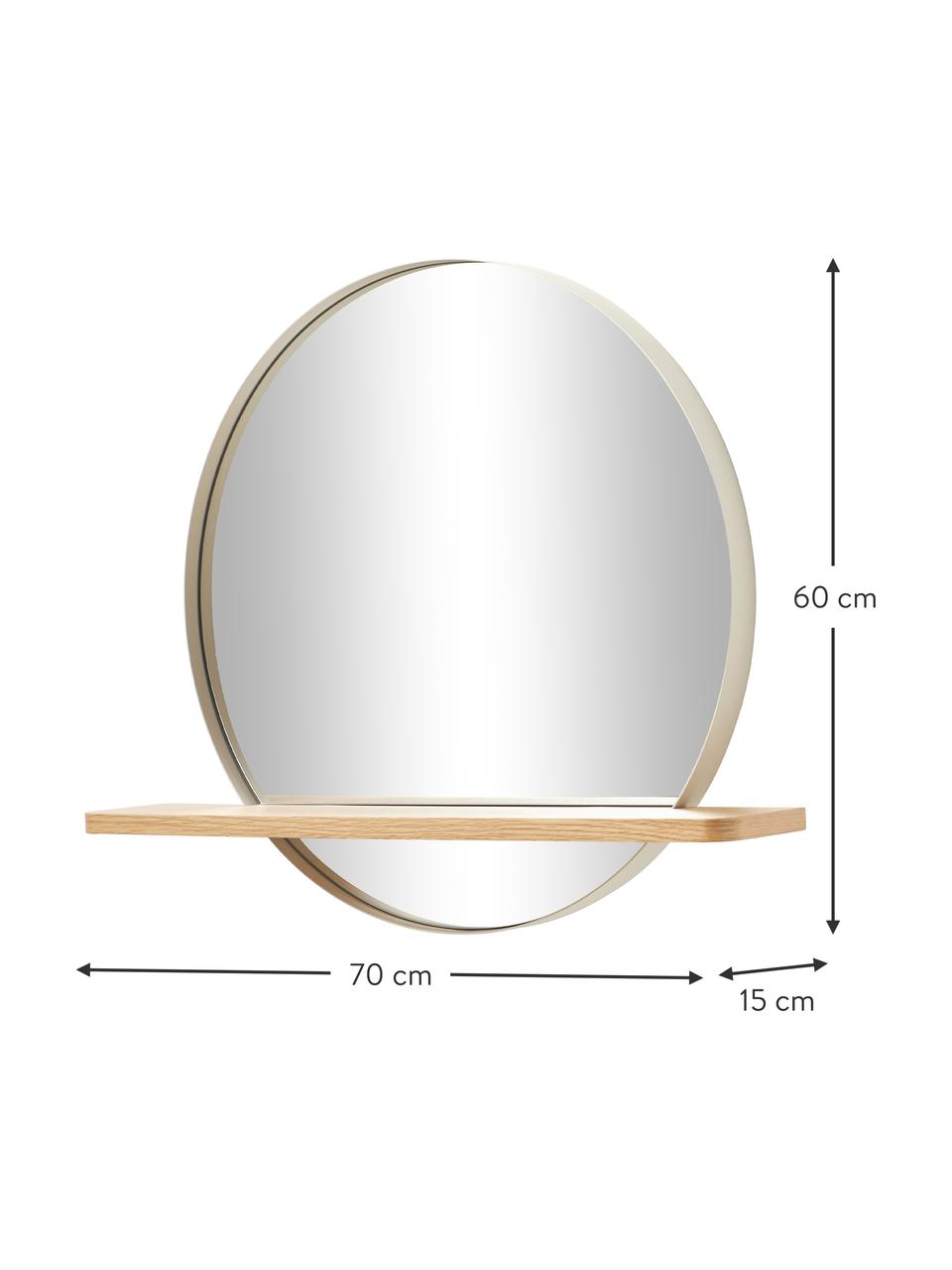 Okrągłe lustro ścienne z metalową ramą z półką Kenny, Beżowy, drewno naturalne, S 70 x W 60 cm