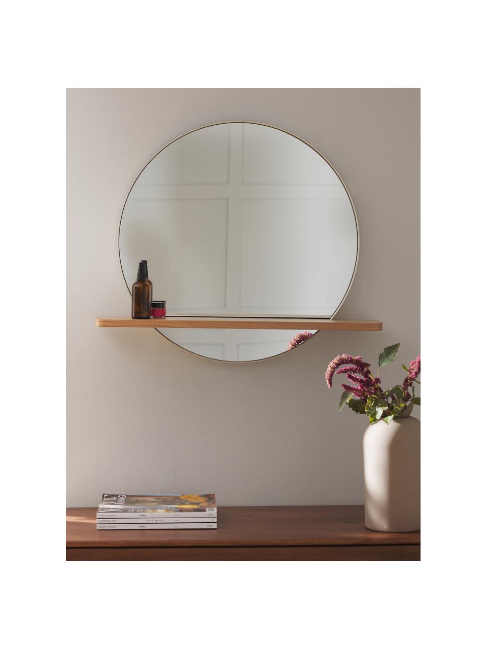 Kulaté nástěnné zrcadlo s dřevěnou poličkou Kenny, Béžová, světlé dřevo, Š 70 cm, V 60 cm
